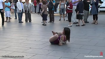 Gagged and tied Spanish brunette slut Samia Duarte posing naked in public then big cock James Deen fucking her in various places around the city